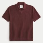 Men's Cable Ribbed Knit Polo Shirt - Burgundy Maroon