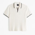 Men's Ribbed Knit Johnny Collar Polo Shirt - Off-White Cream