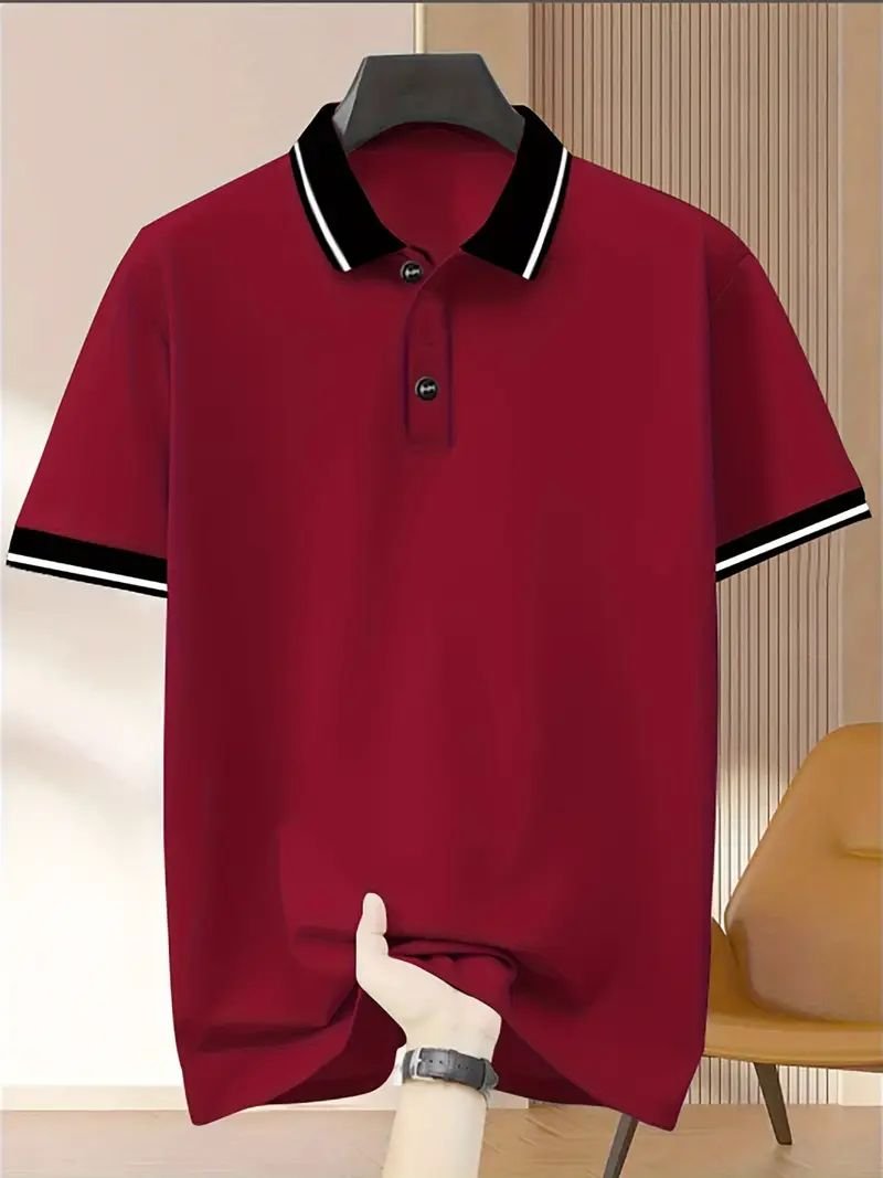a31a773baf48b2cd44368fb26dfbc8c6 Men's Classic Striped Collar Polo Shirt - Crimson Red - Image 1