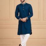 Men's Contrast Printed Collar & Cuff Panjabi - Royal Navy Blue