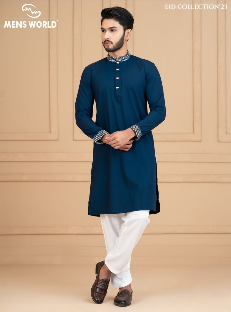 b34493c4e9ecb83226f2504c17d13a9c Men's Contrast Printed Collar & Cuff Panjabi - Royal Navy Blue - Image 1