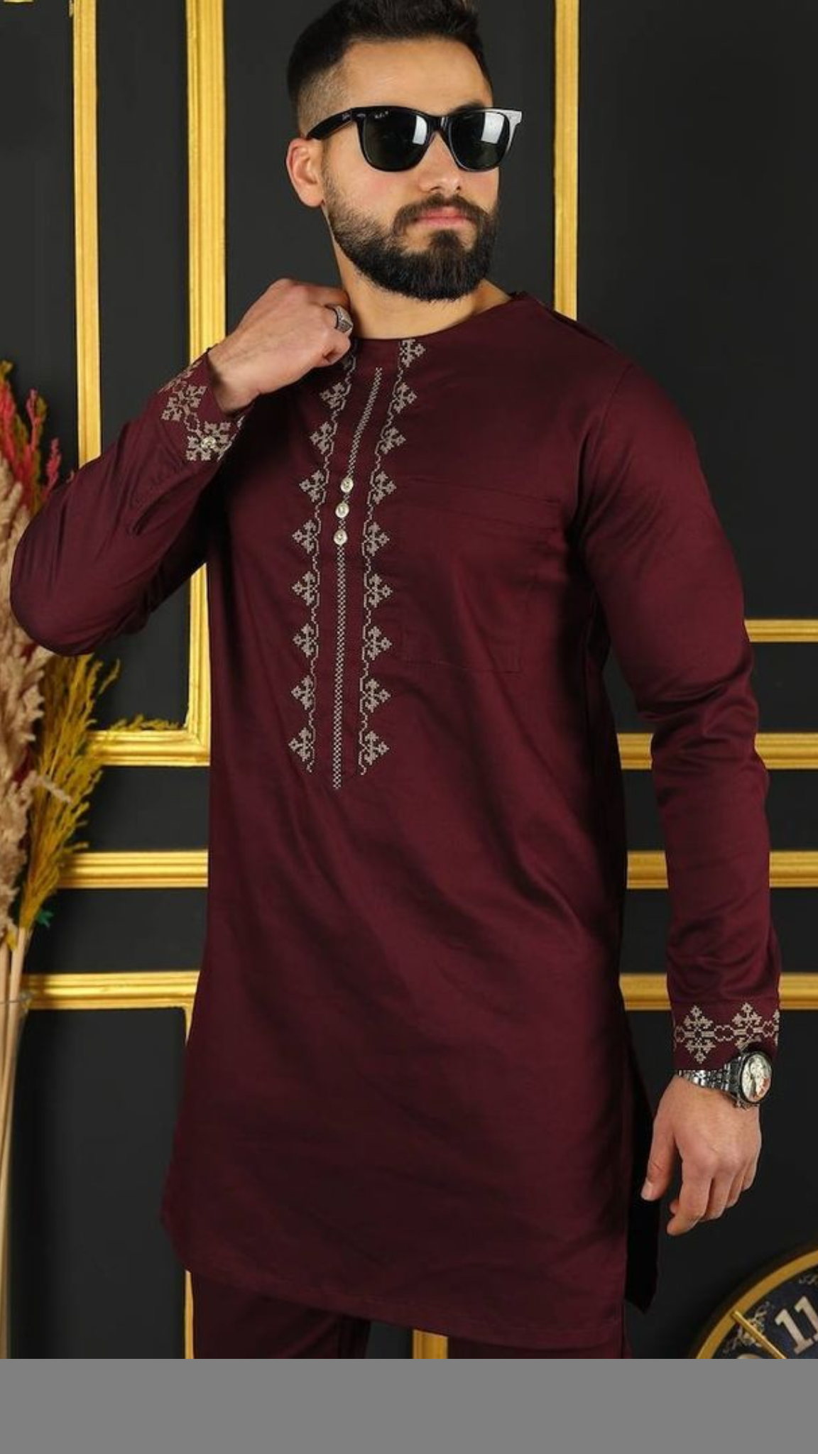 download Men's Traditional Embroidered Kurta Panjabi - Wine Maroon - Image 1