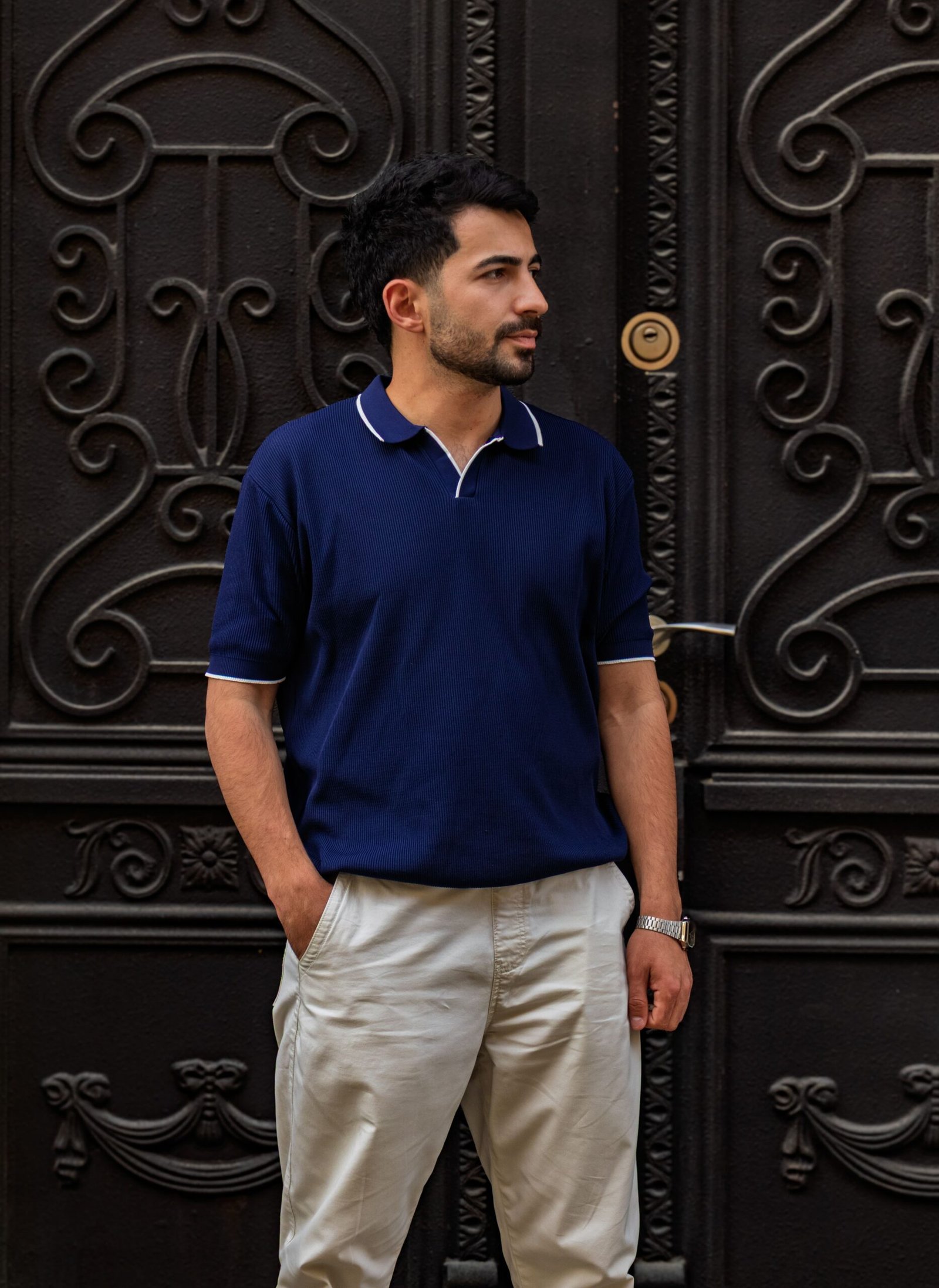 pexels-yusif-iskandarov-2160750281-38010898 Men's Premium Textured Knit Polo Shirt - Navy Blue - Image 1